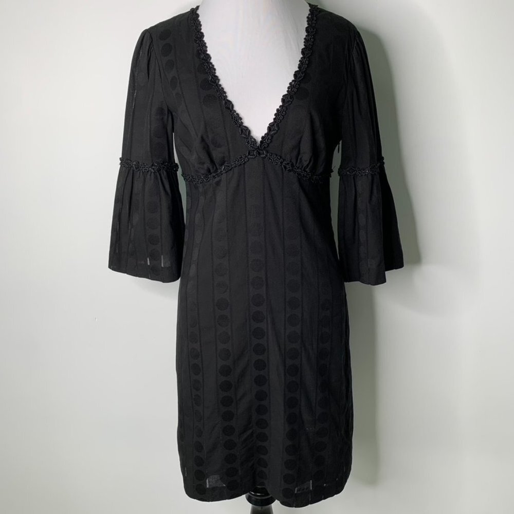 Trina Turk Women's 100% Cotton Black V Neck Long Sleeve Mini Dress Size 4